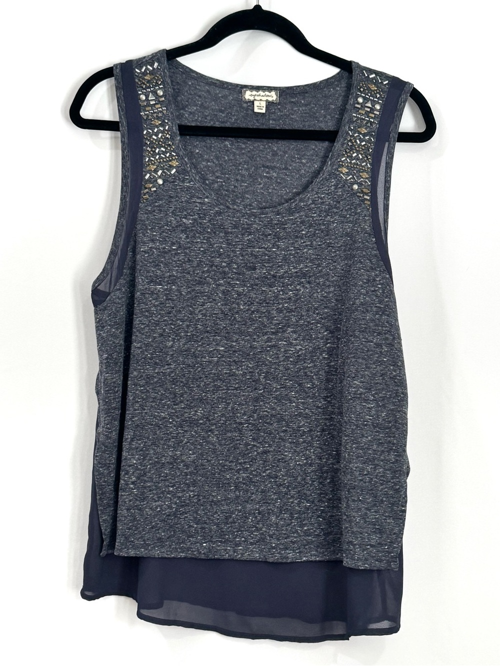Eyeshadow Sleeveless Tank Top Womens Large Heather Gray Blue Embellished Shirt